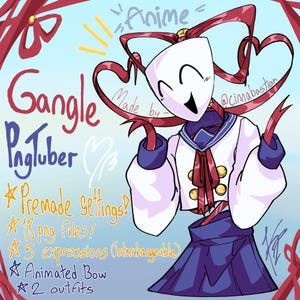 Puede incluir: Una ilustración digital de un personaje con máscara blanca, vistiendo una blusa estilo marinero blanca y azul con botones dorados y una falda azul oscuro. Cintas rojas forman corazones alrededor de la cabeza. El texto incluye Gangle PngTuber, Anime y Made by @cinnabastian.