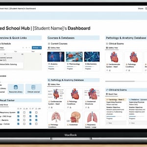 以下が含まれることがあります： ラップトップの画面に「Med School Hub」のダッシュボードが表示されています。インターフェースには、毎日のスケジュール、コース、データベース、臨床試験のセクションが含まれています。画面には解剖図と医学研究資料が表示されています。