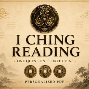 以下が含まれることがあります： I CHING READING、ONE QUESTION、THREE COINS、PERSONALIZED PDFというテキストが記載されたデジタル画像。シンボルが描かれた3つの小さな円を含む円形エンブレムと、中央に四角い穴が開いたブロンズ色のコイン3枚が配置されています。