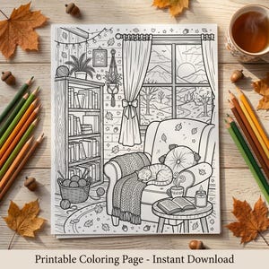 Cozy Hygge Cabin Coloring Page Printable, Adult Coloring Sheet Autumn Cat Armchair, Relaxing PDF Download, Stress Relief Wall Art Instant