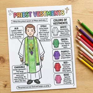 Prästkläder målarbild för barn, katolsk inlärningsaktivitet, liturgiska färger mässa utskrivbar, CCD söndagsskola katolskt ark