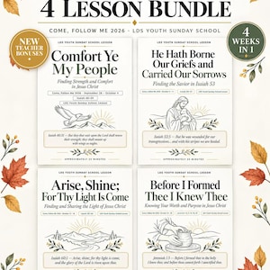 Könnte beinhalten: Ein digitales Unterrichtspaket für Oktober mit vier Lektionen für die LDS-Jugendsonntagsschule. Jede Seite enthält Titel wie Comfort Ye My People, He Hath Borne Our Griefs, Arise Shine und Before I Formed Thee, verziert mit herbstlichen Blättern.