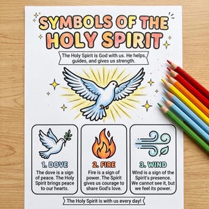 May include: A printed educational sheet titled Symbols of the Holy Spirit featuring a central dove illustration, three boxes detailing a dove, fire, and wind, and a set of colored pencils. The text explains the Holy Spirit as God with us.