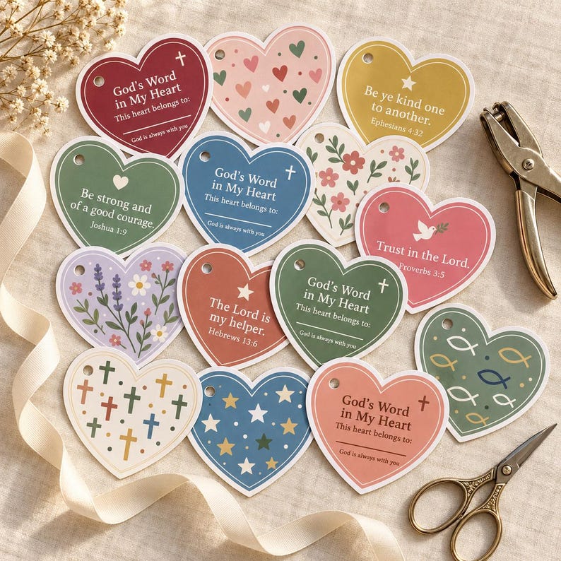 Bible Verse Cards for Kids Printable, Scripture Memory Hearts ...