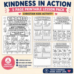 May include: A 5-page printable lesson pack titled Kindness in Action, featuring black and white activity sheets for children. The pages include illustrations of kids helping others, kindness challenge cards, a kindness plan, and sorting activities.