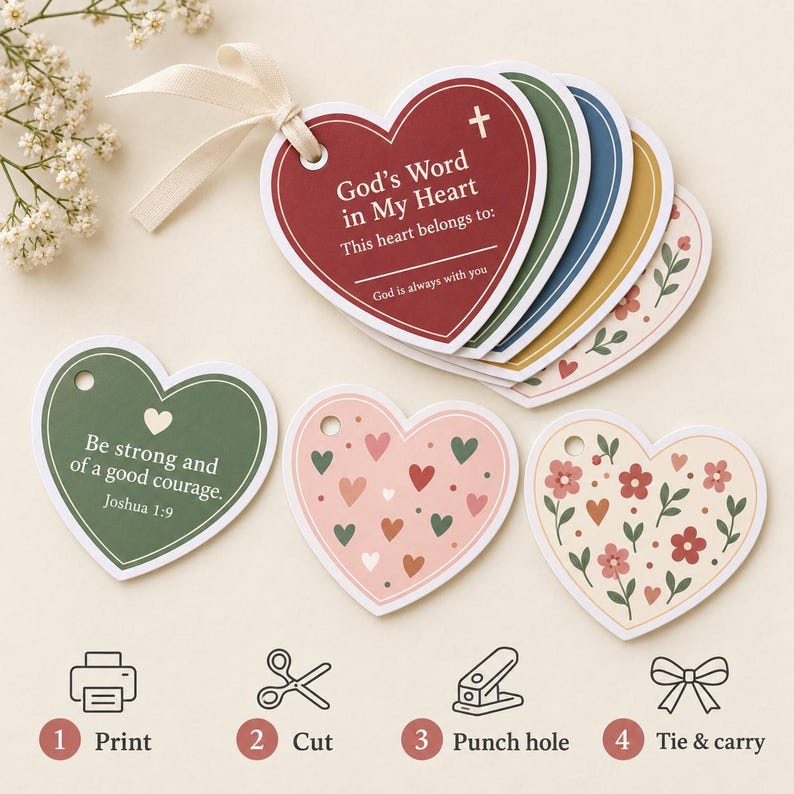 Bible Verse Cards for Kids Printable, Scripture Memory Hearts ...