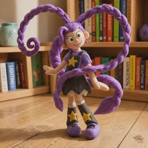 May include: A whimsical clay figurine of a girl with purple hair styled in long braids. She wears a purple shirt, a black skirt, and boots with yellow star accents. The figure is posed with arms outstretched, and the background includes bookshelves.