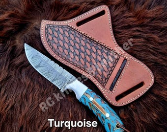Handgefertigte Damast Cowboy Messer mit Pancake Lederscheide.