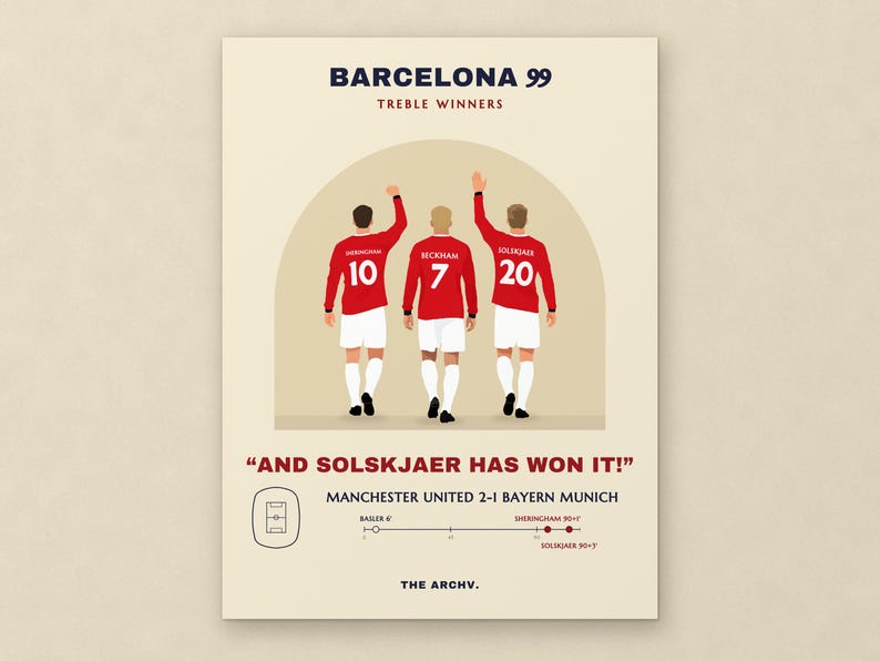 Cream poster headed BARCELONA 99 and TREBLE WINNERS: three players in red shirts seen from behind under an arch, a commentary line in red capitals, the score and a goal timeline.