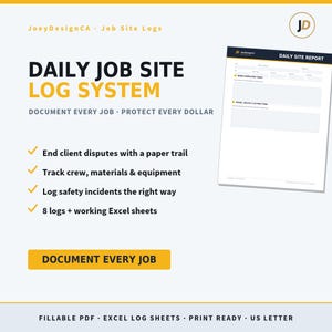 Daily Job Site Log System | Construction Daily Report, Crew, Safety & Equipment Logs | Fillable PDF + Excel | Contractor Project Tracker