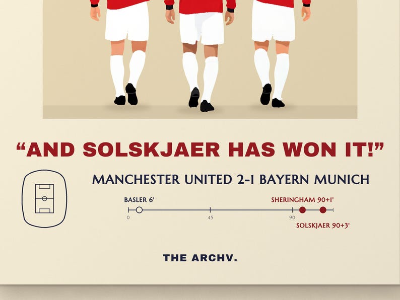 Close crop of MANCHESTER UNITED 2-1 BAYERN MUNICH, a timeline with goals at 6, 90+1 and 90+3 minutes, and a small outline of the ground in Barcelona.