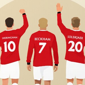 Close crop of the three red shirts from behind, white surnames above the numbers 10, 7 and 20.