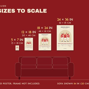 Size guide for the Manchester United 1999 final poster in Barcelona: the 5 x 7, 12 x 18, 18 x 24 and 24 x 36 inch prints shown to scale.