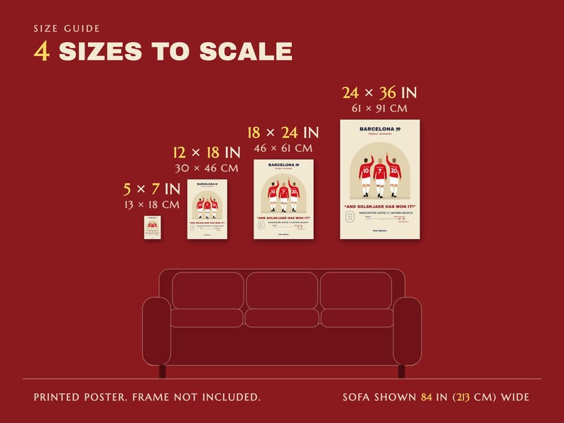 Size guide for the Manchester United 1999 final poster in Barcelona: the 5 x 7, 12 x 18, 18 x 24 and 24 x 36 inch prints shown to scale.