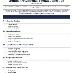 May include: A digital product reference guide titled Admin Professional Toolkit Collection. The document lists nineteen essential admin tools, templates, checklists, and scripts organized into five categories including onboarding, communication, and operations.