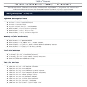 May include: A digital product reference guide titled Email Templates Collection, featuring 155 professionally written templates across 13 categories. The document lists sections for meeting management, including agenda preparation, scheduling, confirming, and canceling.