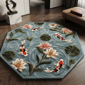 Pode incluir: Um tapete octogonal com um fundo azul-claro com padrões de água em espiral, vários peixes koi laranja, brancos e pretos, e várias flores de lótus cor-de-rosa e brancas em flor com folhas de nenúfar verde-escuras espalhadas pela superfície.