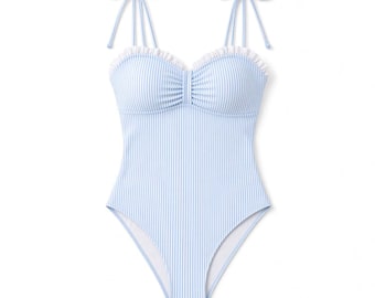 Light Blue Striped One Piece Swimsuit with Ruffle Neckline | Women's Tie Shoulder Bathing Suit | Cute Summer Beach Swimwear