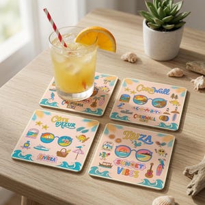 Set of 4 Travel Destination Coasters | California, Cornwall, Ibiza, Riviera Drink Mats