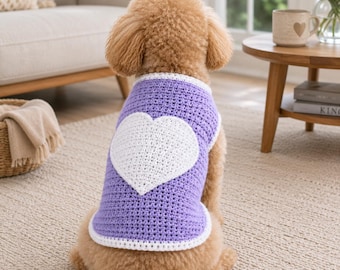 Patrón de suéter de perro con forma de corazón a crochet, patrón de suéter de perro a crochet en PDF, patrón fácil de ropa para mascotas, chaqueta para perro pequeña, grande y extragrande, descarga instantánea.