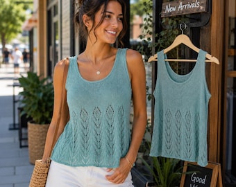 Patrón de punto para top sin mangas de encaje en PDF, patrón de camisola de punto de verano, top sin mangas para mujer, punto de encaje fácil, tallas XS-5XL
