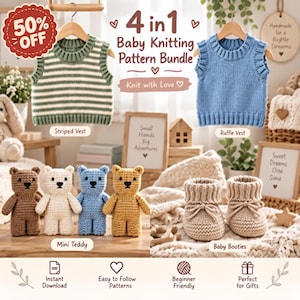 Peut inclure: Un ensemble de 4 modèles de tricot pour bébé comprenant un gilet rayé vert et blanc, un gilet bleu à volants, quatre mini ours en peluche marron, blanc, bleu et jaune, et une paire de chaussons beige avec des nœuds, présentés avec du texte.