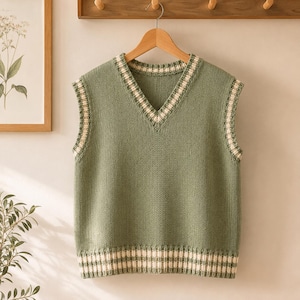 May include: A sage green sleeveless knit sweater vest featuring a V-neckline and armholes trimmed with white and dark green striped detailing. The hem of the garment also features a matching white and dark green striped ribbed knit pattern.