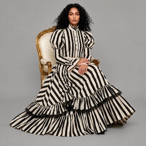 black and white striped dress halloween costume Victorian embroidered evening dress