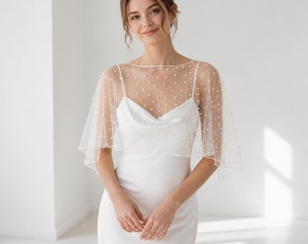 Chal de novia de perlas blancas, capa corta transparente, elegante para cubrir a la novia.