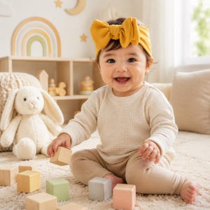May include: A mustard yellow ribbed fabric headband with a large bow detail worn on a baby. The baby is wearing a long-sleeved cream waffle-knit top and light tan ribbed leggings while sitting on a rug with wooden blocks and a plush rabbit toy.