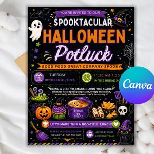 May include: A black Halloween potluck invitation flyer featuring a ghost, witch hat, pumpkin, cauldron, and skull mug. Text includes YOU'RE INVITED TO OUR SPOOKTACULAR HALLOWEEN POTLUCK, TUESDAY OCTOBER 31, 2025, 11:30 AM 1:30 PM, and BRING A DISH TO SHARE.