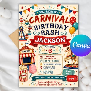 Op de afbeelding: Een verjaardagsuitnodiging met kermis-thema, voorzien van een reuzenrad, carrouselpaard, popcorn en vlaggetjes. De tekst luidt: Step Right Up! Carnival Birthday Bash Jackson is turning 6, zaterdag 14 september, 14:00 - 17:00 uur, The Miller Family Backyard.