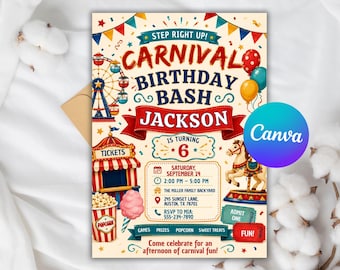 May include: A carnival-themed birthday invitation card featuring a ferris wheel, carousel horse, popcorn, and bunting. Text reads: Step Right Up! Carnival Birthday Bash Jackson is turning 6, Saturday September 14, 2:00 PM - 5:00 PM, The Miller Family Backyard.