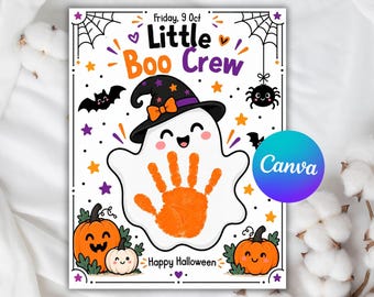 May include: A Halloween-themed printable art sheet featuring the text Little Boo Crew and Happy Halloween. A central white ghost illustration wears a black witch hat and displays an orange handprint. Decorated with pumpkins, a spider, and bats.
