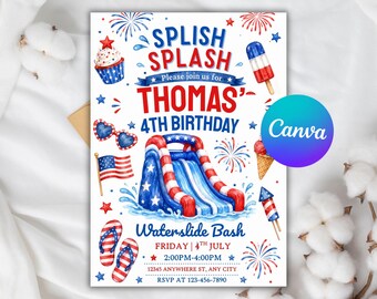 May include: A birthday invitation card featuring red, white, and blue patriotic graphics including a waterslide, fireworks, a cupcake, a popsicle, and an American flag. The text reads SPLISH SPLASH, THOMAS' 4TH BIRTHDAY, Waterslide Bash, FRIDAY 4TH JULY.