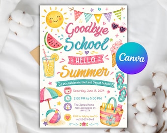 May include: A colourful invitation card featuring the text Goodbye School Hello Summer, Let's Celebrate the Last Day of School, Saturday, June 15, 2024, 2:00 PM to 5:00 PM, The James Home, 71234 ANYWHERE ST, ANY CITY, and RSVP to Jelly by June 5th at 512-555-2468.