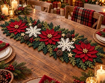May include: A long, rectangular Christmas table runner featuring crocheted red poinsettia flowers with gold centres, white snowflakes, small gold stars, green pine needles, and brown pinecones arranged on a rustic wooden dining table.
