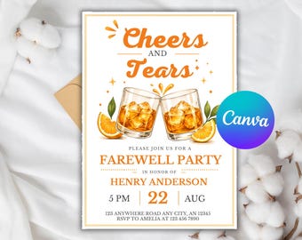 May include: A rectangular party invitation card featuring the text Cheers and Tears, Please Join Us For A Farewell Party In Honor Of Henry Anderson, 5 PM, 22 Aug, and address details. The design includes two glasses of amber liquid with ice and orange slices.