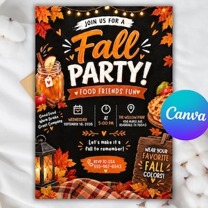 May include: A black flyer for a Fall Party featuring orange autumn leaves, a mason jar drink, a lantern, and a wooden sign. Text includes: Join us for a Fall Party, Food Friends Fun, Wednesday September 16 2026 at 5:00 PM, The Willow Park, and RSVP to Lisa.