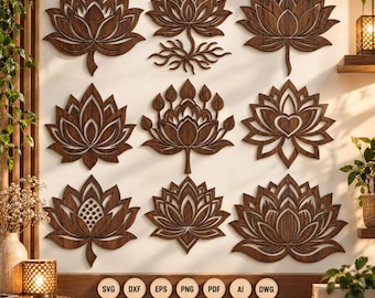 Lotus Flower SVG Bundle, 9 Botanical Designs for Laser Cutting and Engraving, AI EPS Dxf Pdf Png Jpg Dwg