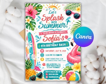 May include: A colorful summer-themed birthday invitation card featuring a surfboard, pink flamingo float, pineapple, sunglasses, and tropical flowers. The text reads Let's Splash into Summer, Sofia's 9th Birthday Bash, Saturday, July 19, 2025, 3:30 PM to 7:30 PM, Sunny Shores Pool Club, 1042 Seabreeze Avenue, Tampa, FL 33602, RSVP to Nia by July 10, (813) 555-2746, and nia@email.com.