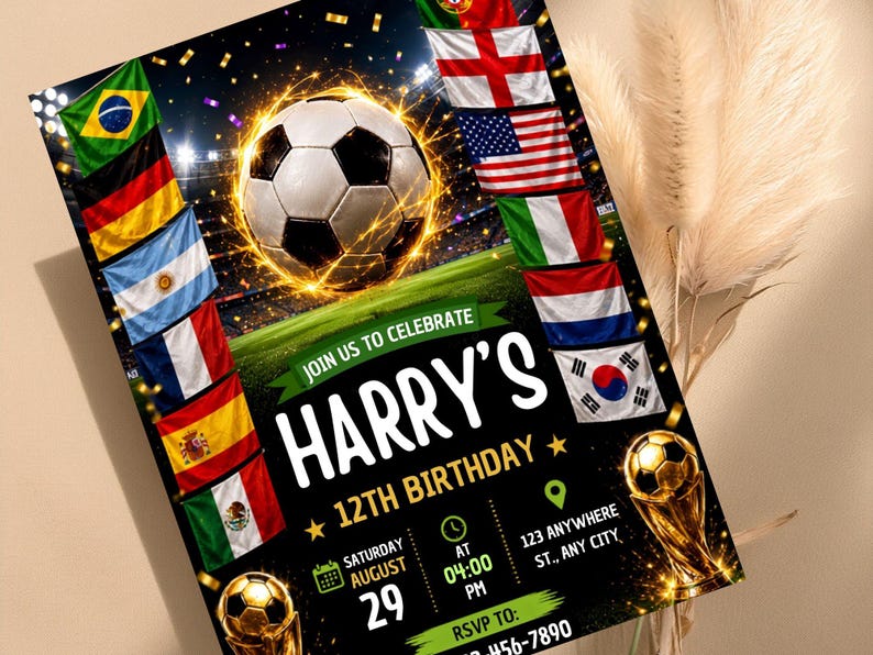 K&ouml;nnte beinhalten: Eine rechteckige Geburtstagseinladungskarte mit einem Fu&szlig;ball, einem goldenen Pokal und verschiedenen Nationalflaggen. Der Text lautet: JOIN US TO CELEBRATE HARRY'S 12TH BIRTHDAY, SATURDAY AUGUST 29 AT 04:00 PM, 123 ANYWHERE ST., ANY CITY, RSVP TO: 456-7890.