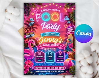 Neon Pool Birthday Invitation, Pool Party Birthday Invitation, Neon Glow Swim Invite, Swimming Pool Party Invite, Editable Canva Template