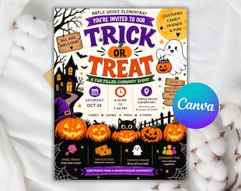 May include: A Halloween event flyer for Maple Grove Elementary titled Trick or Treat. The design features a haunted house, a ghost, a black cat, and jack-o'-lanterns. It includes event details for Saturday, Oct 26, from 4:00 PM to 7:00 PM.
