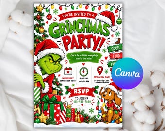 May include: A Grinchmas party invitation card featuring a green character in a Santa hat, a brown dog with Christmas lights, and stacks of red and green gifts. The text reads: You're invited to a Grinchmas party, Let's be a little naughty and a lot nice, Wednesday September 30th, 6:00 PM to 9:00 PM, Whoville Hall 742 Candy Cane Lane snowtown, RSVP to Jessica 123-456-7890.