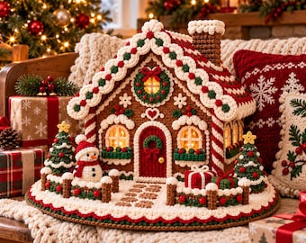 May include: A crocheted gingerbread house with a brown exterior, white icing trim, and red and green accents. The house features a lit interior, a snowman, two small Christmas trees, and a fence on a circular base with a white snowy border.