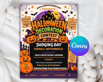 May include: A Halloween Decoration Contest flyer for Maple Grove Elementary featuring a haunted house, jack-o'-lanterns, a ghost, and bats. The text includes event details for Tuesday, September 22, at 3:00 PM in the Maple Grove School Commons.