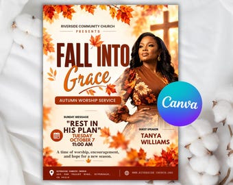 May include: A flyer for a Riverside Community Church autumn worship service titled Fall Into Grace. It features a person in a floral dress, a cross, and orange maple leaves. Text includes Rest In His Plan, Tanya Williams, and event details.