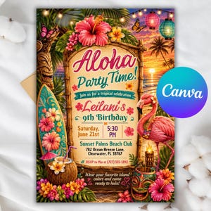 May include: A tropical-themed birthday invitation card featuring a bamboo frame, a pink flamingo, a surfboard, and hibiscus flowers. The text reads Aloha Party Time! Join us for a tropical celebration, Leilani's 9th Birthday, Saturday, June 21st, 5:30 PM.
