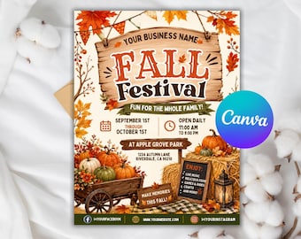 Könnte beinhalten: Ein Herbstfest-Flyer mit einem Holzschild mit dem Text Fall Festival, Fun for the Whole Family, September 1st through October 1st, 11:00 AM to 9:00 PM, im Apple Grove Park, 1234 Autumn Lane, Riverdale, CA 90210, verziert mit Kürbissen und einem Wagen.
